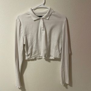 button up collared ribbed white long sleeve shirt